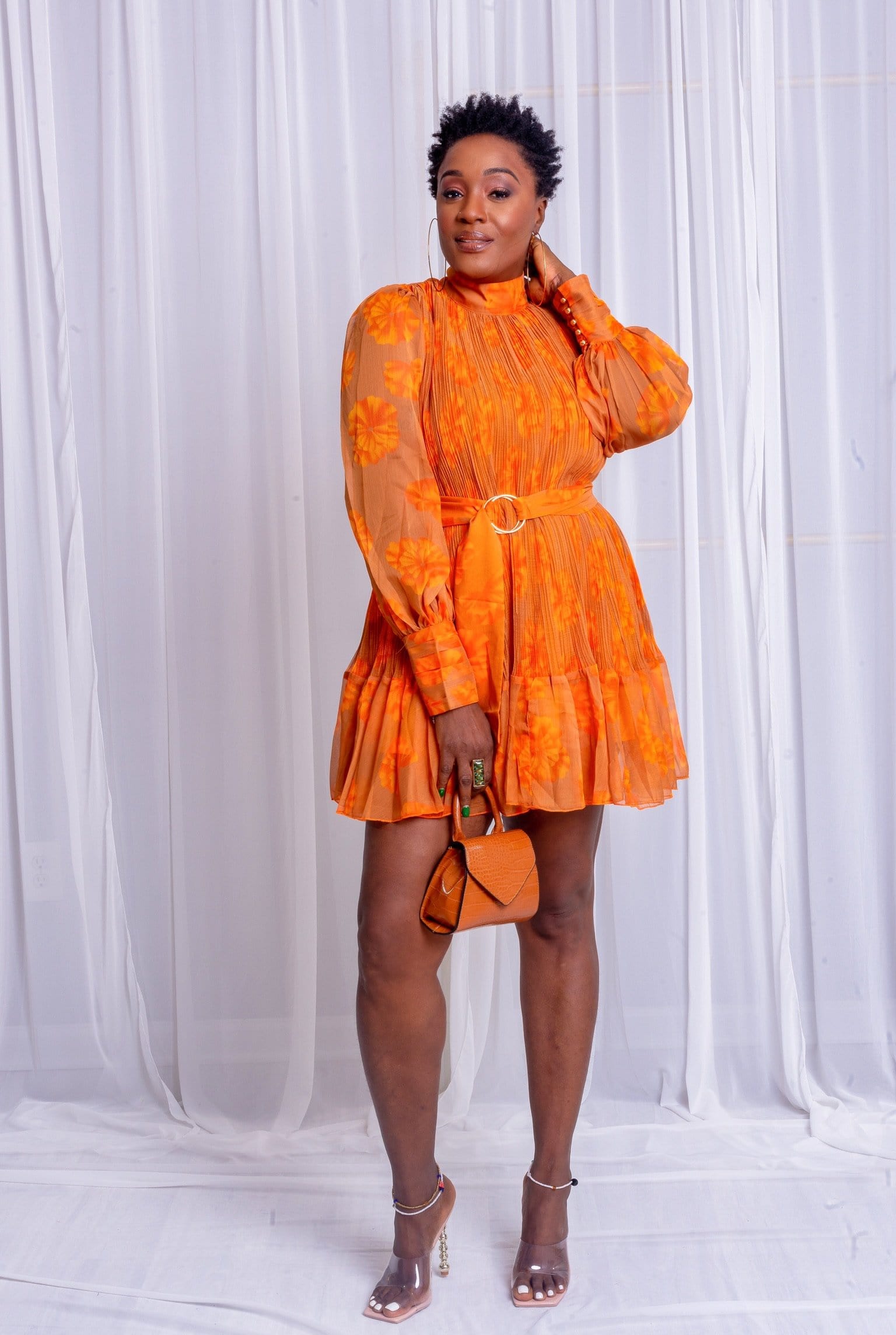 orange flowy mini dress Genovia Crinkle Orange Mini Dress - US 12