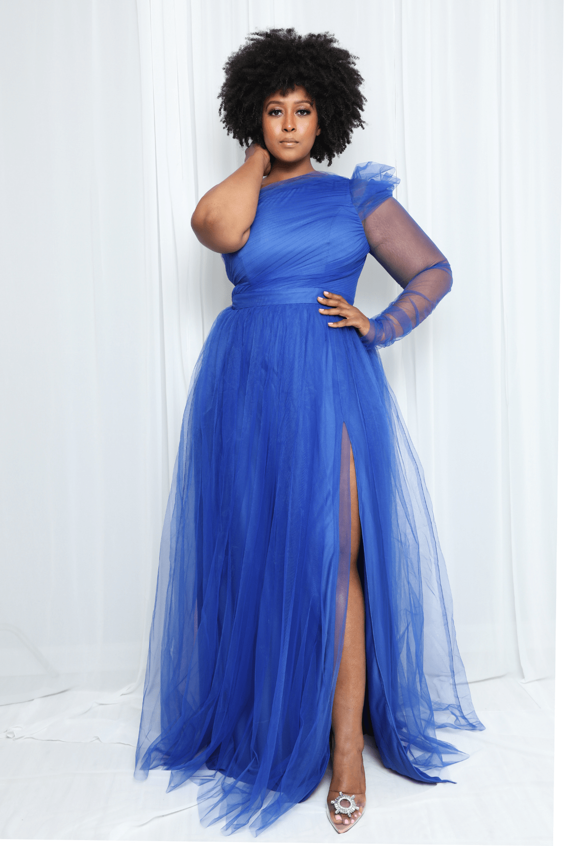 tulle one shoulder maxi dress One Shoulder Black Tulle Long Evening Prom Dresses, A-line Long Sleeves Custom Prom Dress, MR8277