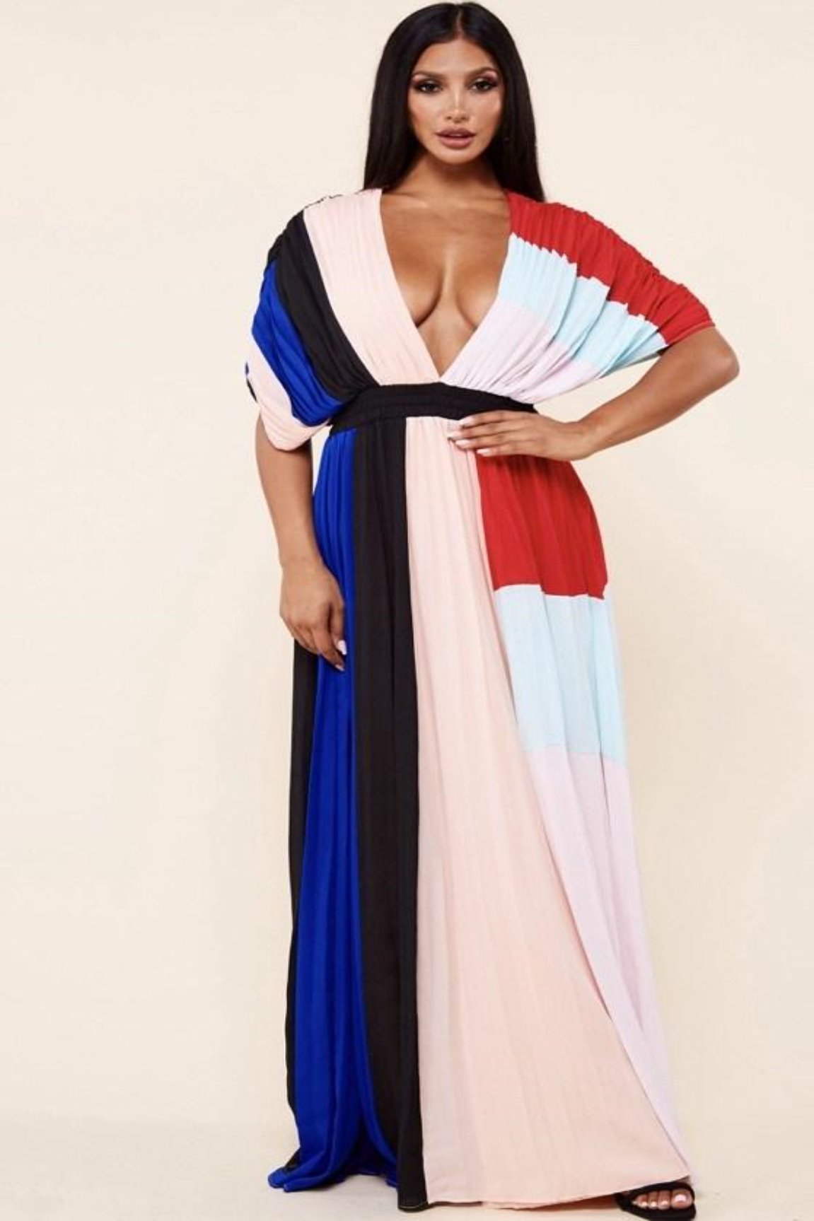 pleated multicolor dress SHEIN LUNE SHEINLUNE Plus Size Women's Rainbow Pleated V-Neck Tie-Waist Dress, Purple, Summer, Tropical Elegant, Wedding Vacation Guest Formal, Pride Month