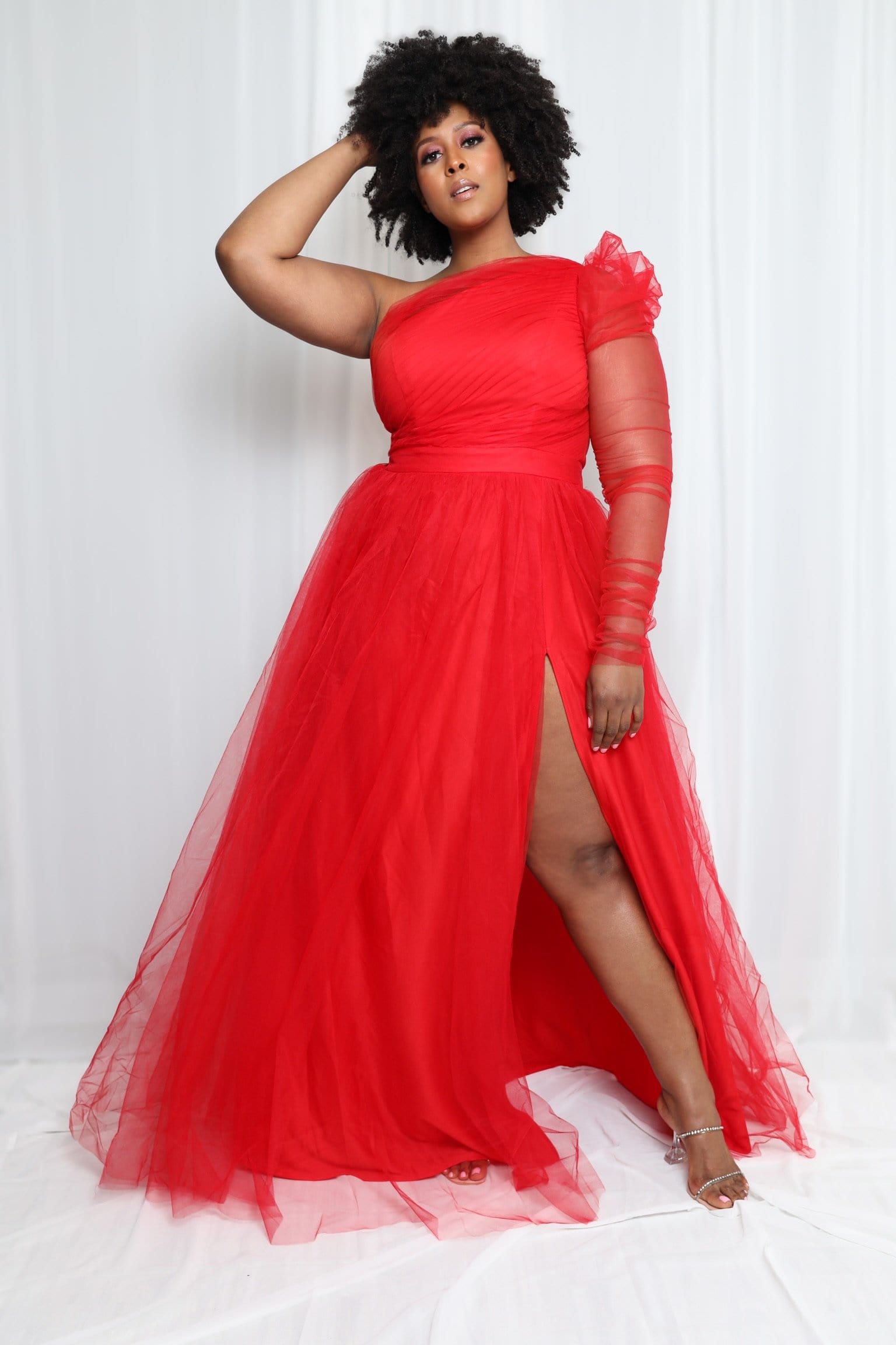 red maxi split dress One Shoulder Maxi Slit Dress (Red)