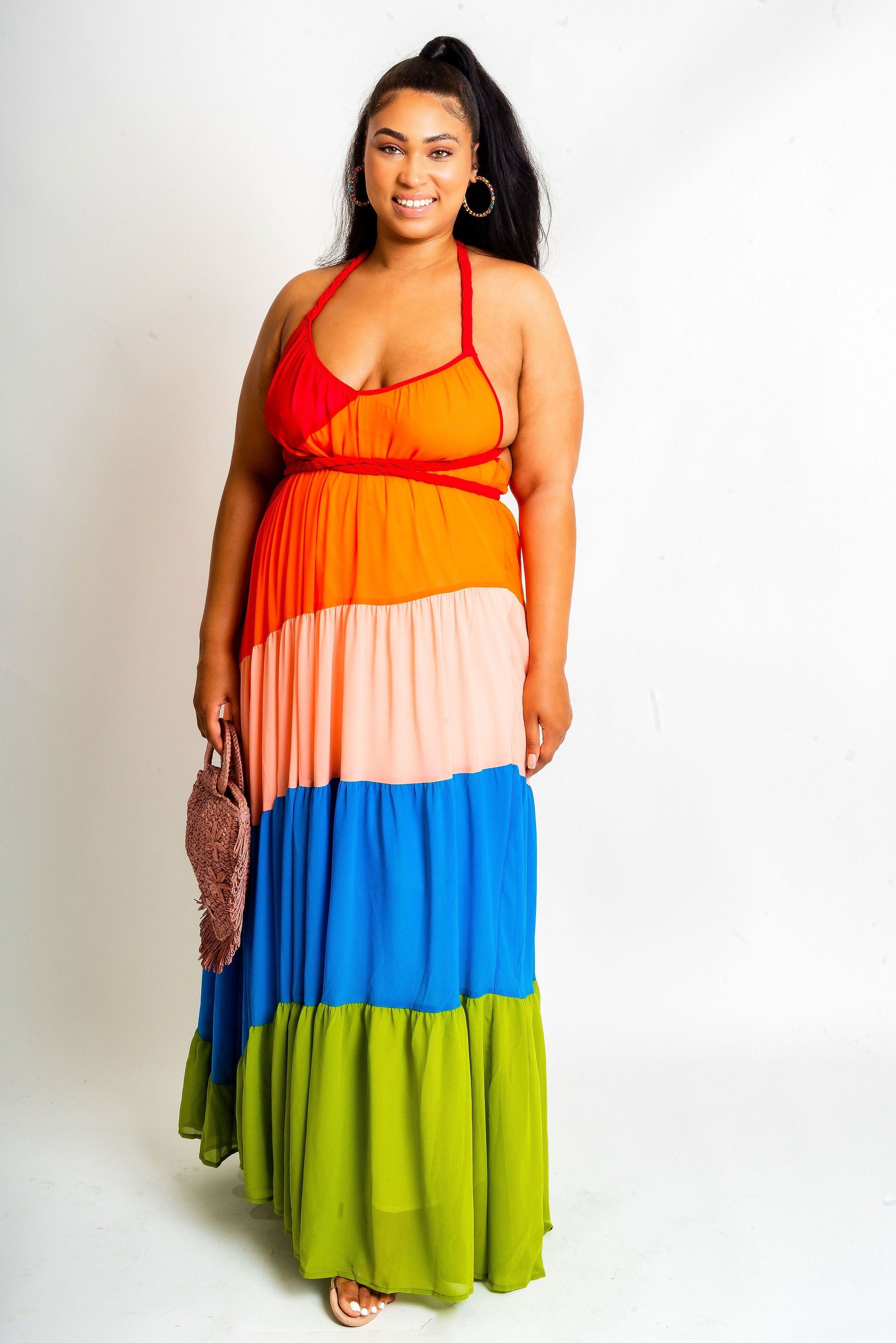 colorful maxi dress plus size Final Sale Plus Size Off the Shoulder Satin Maxi Dress with Waist Tie in Yellow Royal Blue and Black Design Print