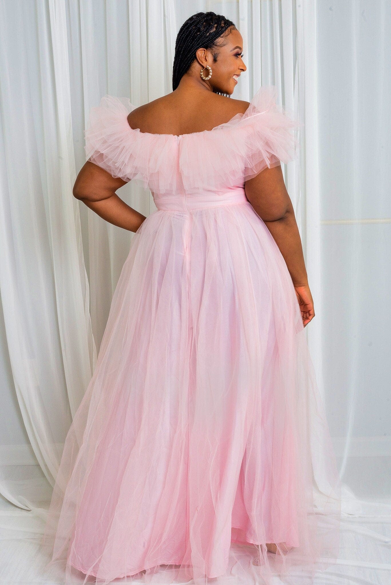 Pink Off-The-Shoulder Lace & Tulle Train Dress #1162