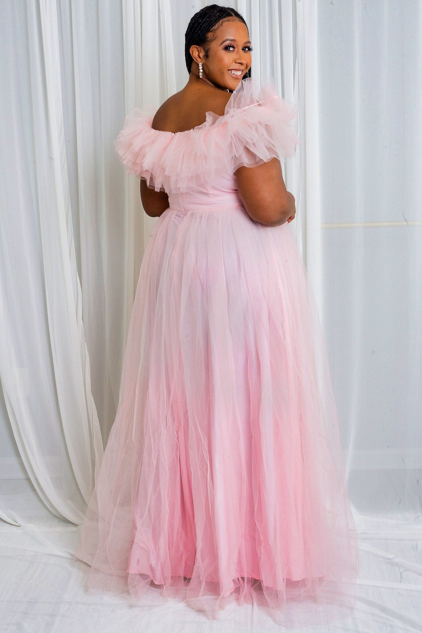 pink off the shoulder tulle dress Pink Tulle Off-shoulder Tea Length Formal Dress