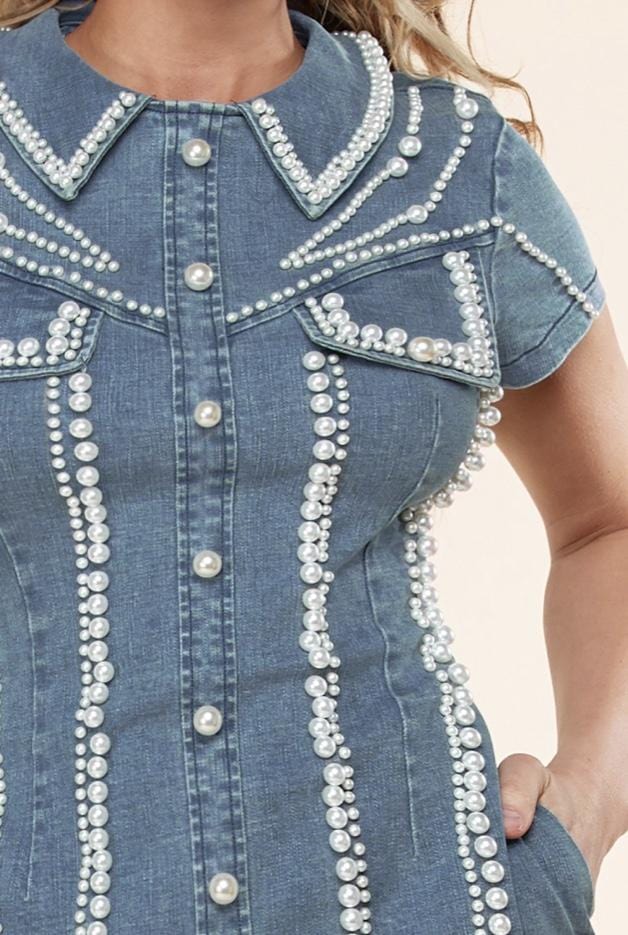 Pearl Bead Studded Denim Dress - Kois Kloset Pearl Bead Studded Denim Dress - Kois Kloset