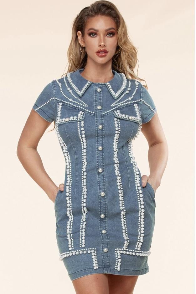 Pearl Bead Studded Denim Dress - Kois Kloset Pearl Bead Studded Denim Dress - Kois Kloset