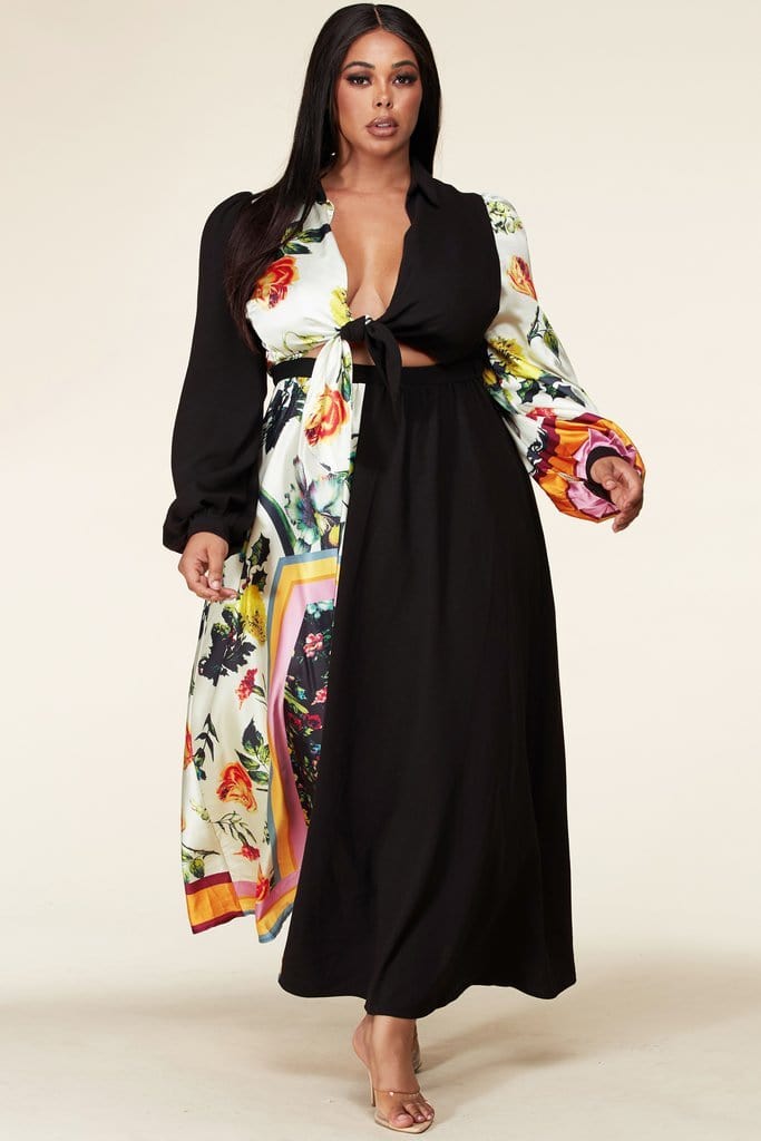 Two-Tone Tie-Front Maxi Dress (Small to 3XL)