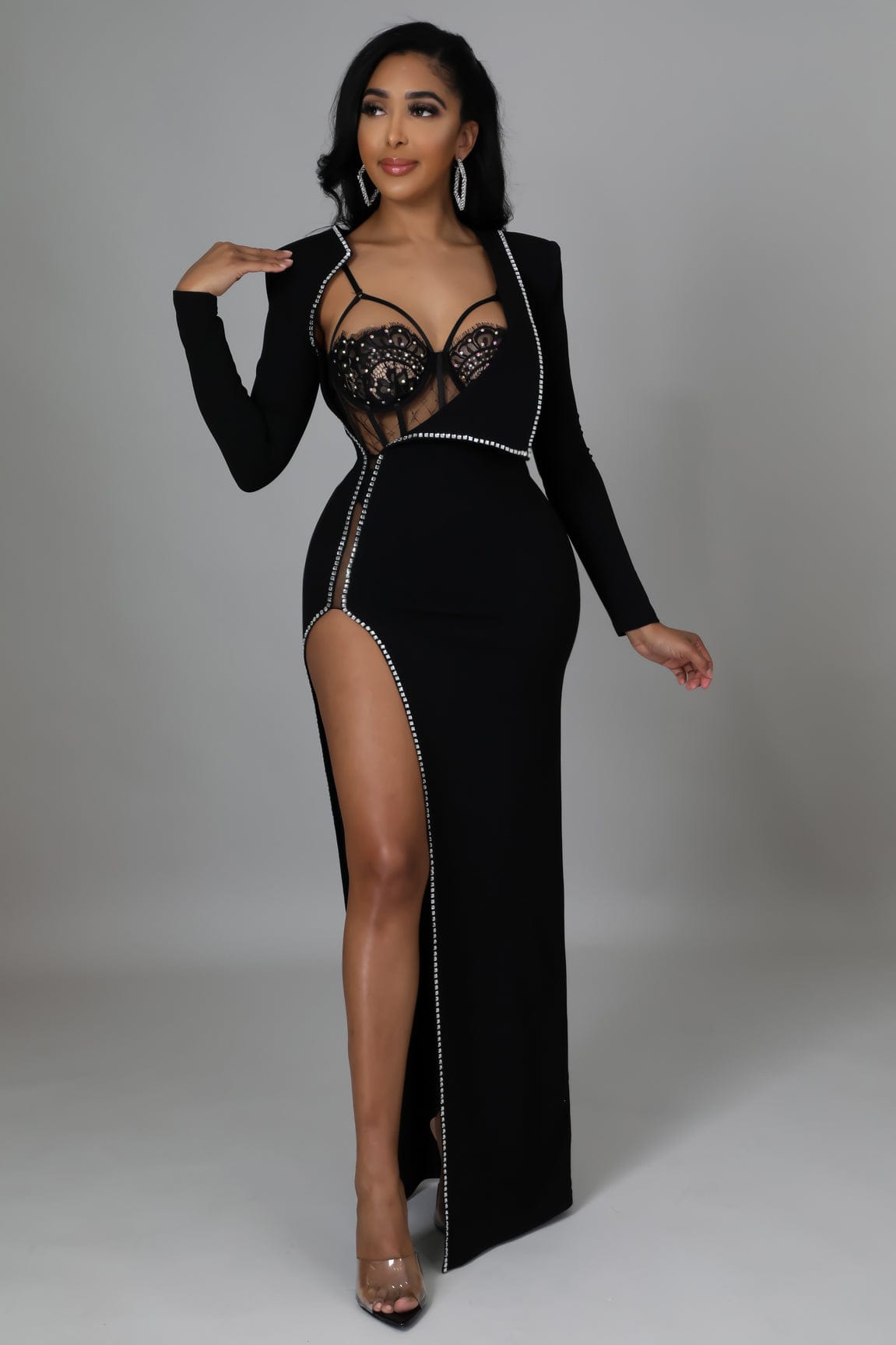 Toni Bodysuit Rhinestone Dress (Black)