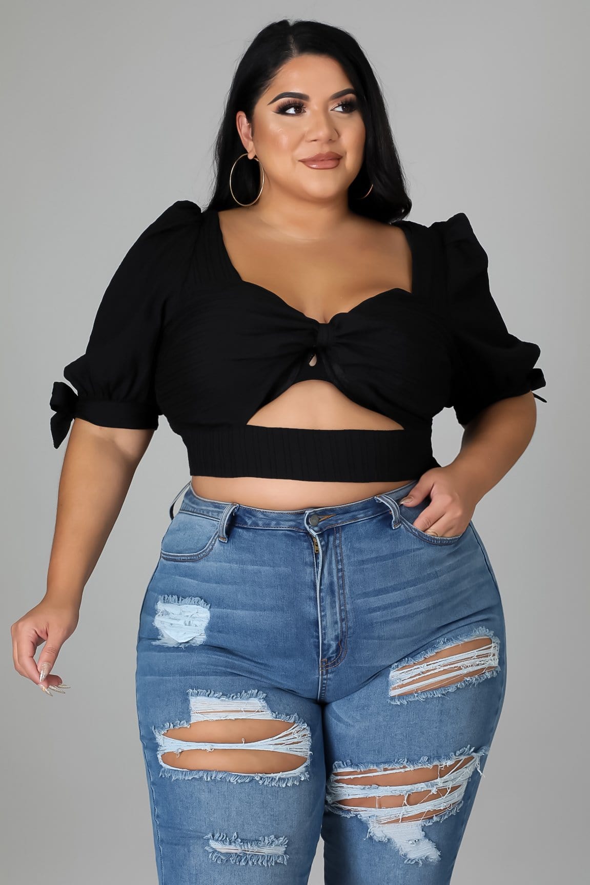 Shein Ribbed Black Crop Top with V Detail In Front Size Large