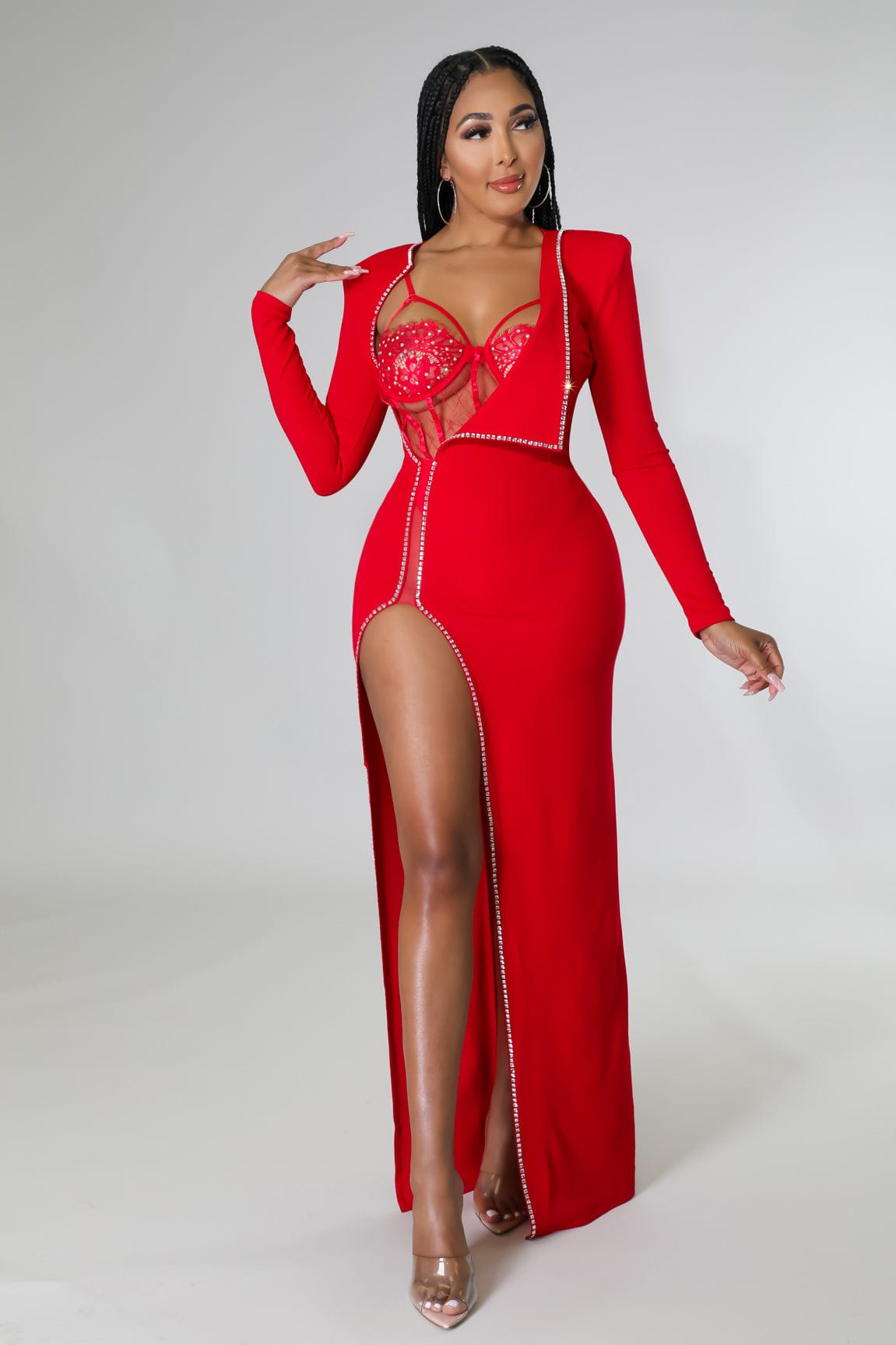 Red Rhinestone Underwire Lace Bodysuit Long Sleeve Cut Out Slit